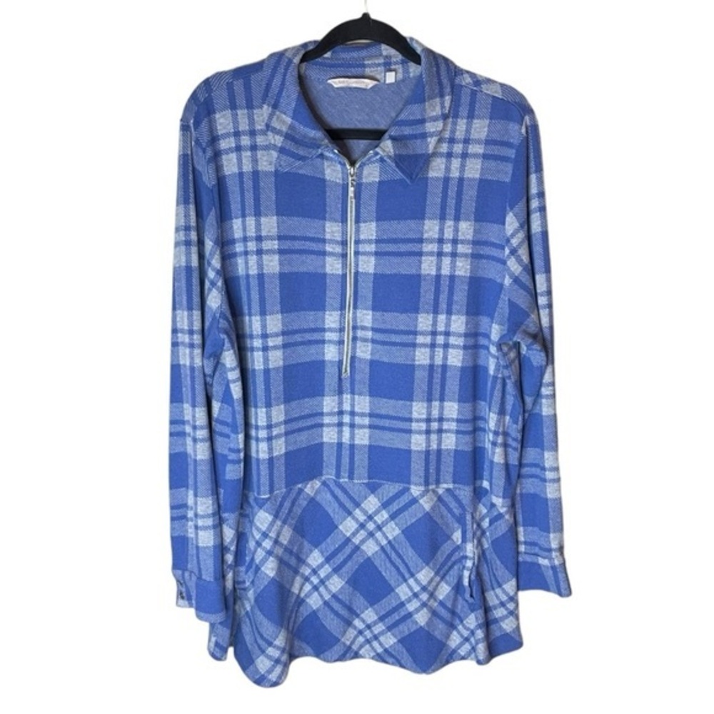Soft Surroundings Blue White/Grey Plaid Pullover Quarter Zip Long Sleeve Size 1X